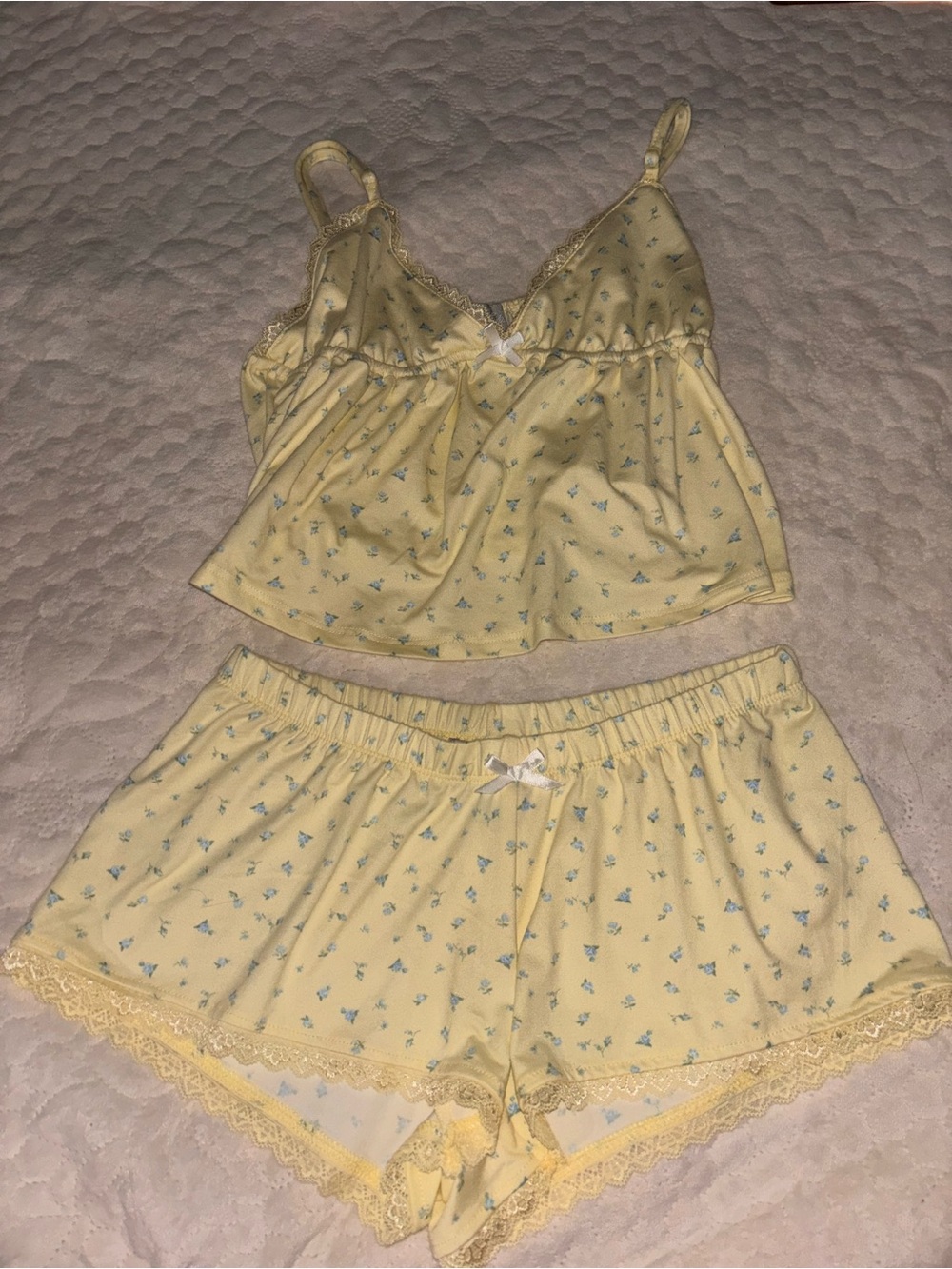 Yellow Floral Lace-Trim Cami & Shorts Sleep Set
